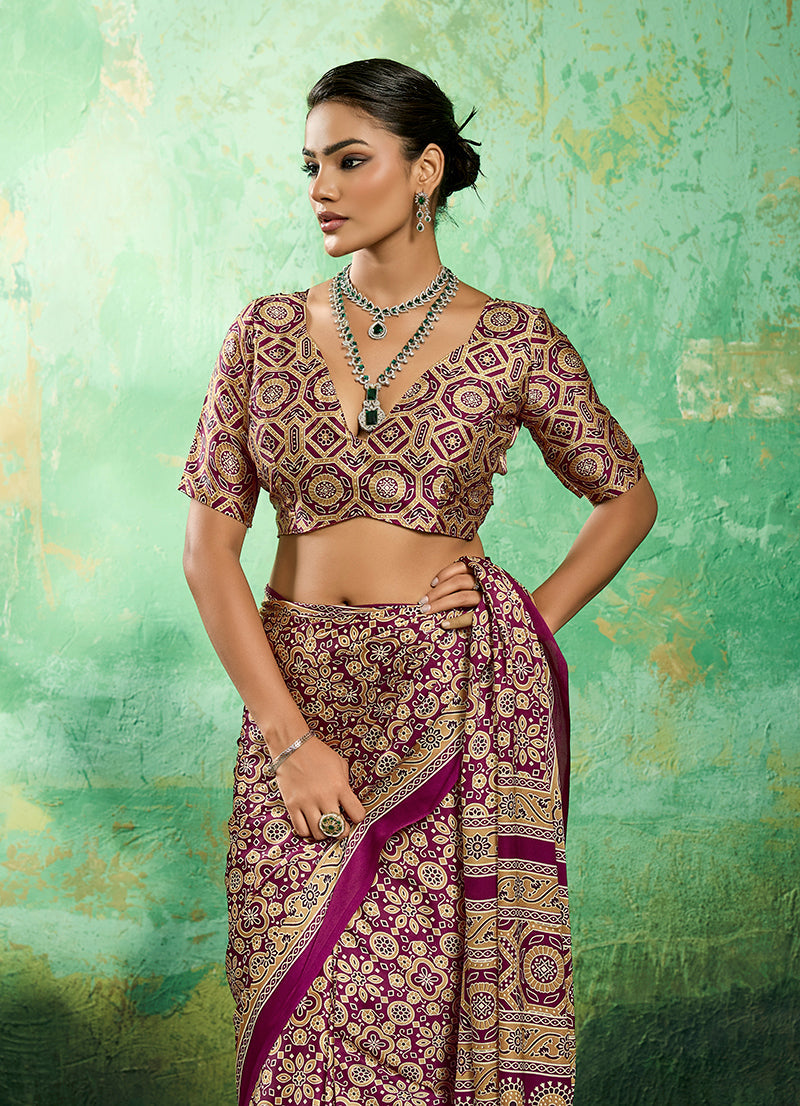 Wine Ajrakh Print Faux Satin Saree with Traditional Ethnic Border