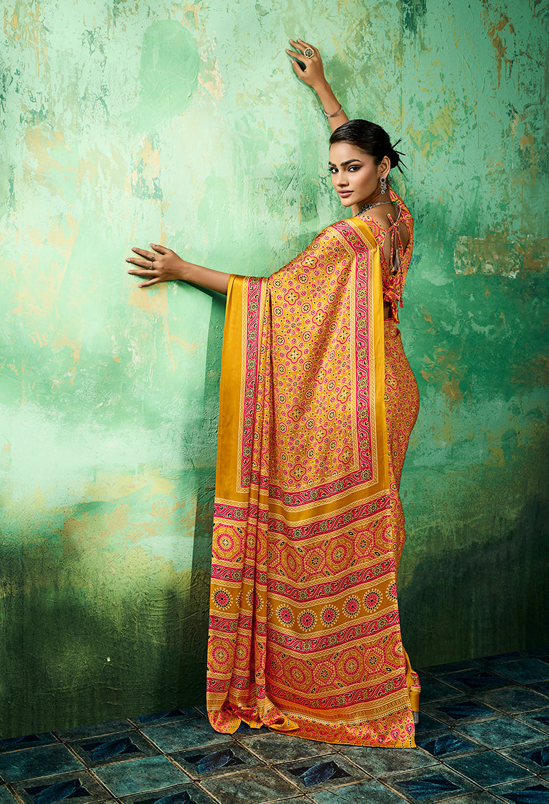 Ajrakh Amber Faux Satin Printed Saree with Traditional Motifs