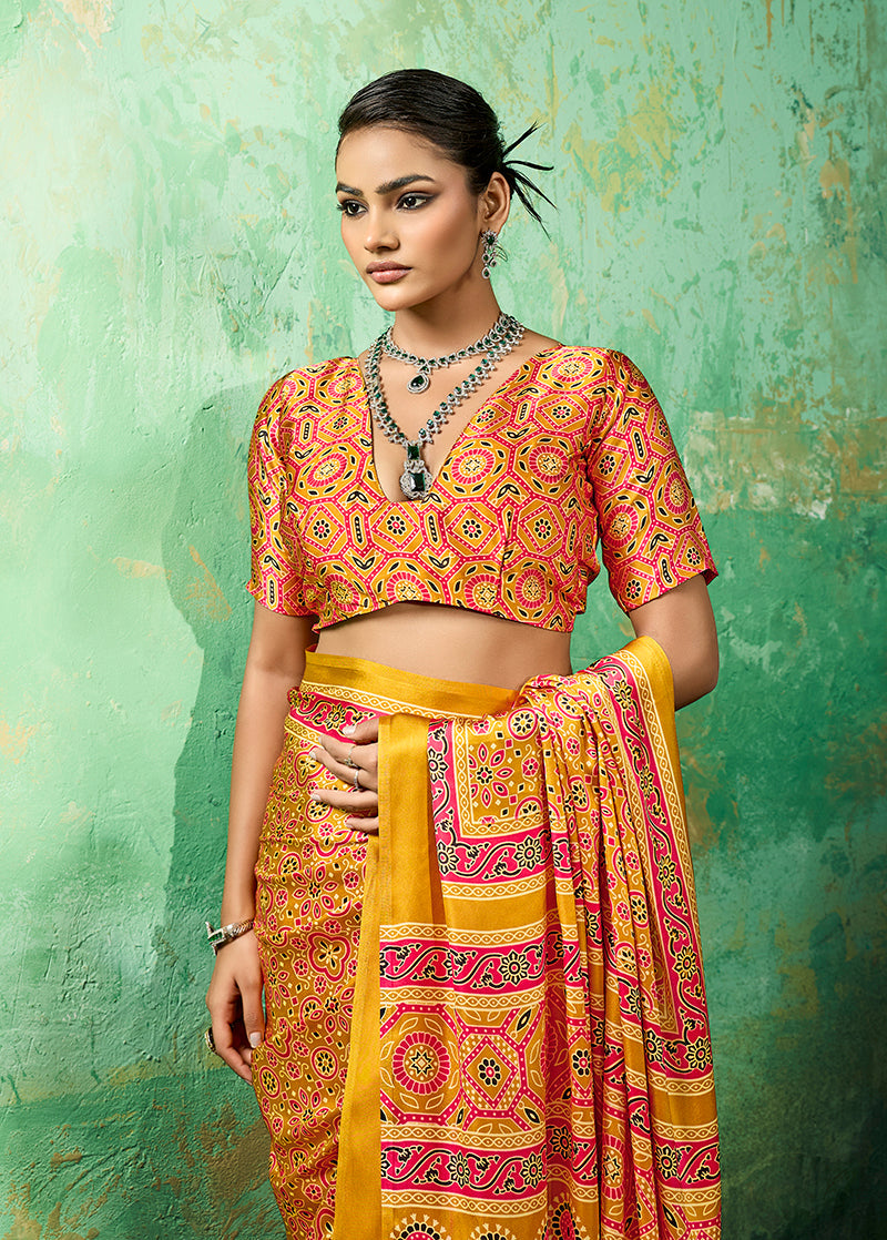 Ajrakh Amber Faux Satin Printed Saree with Traditional Motifs