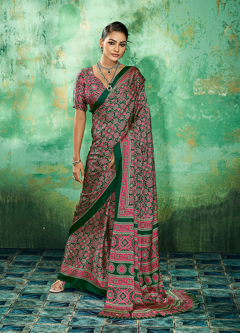 Green faux satin saree with traditional Ajrakh print and ethnic border