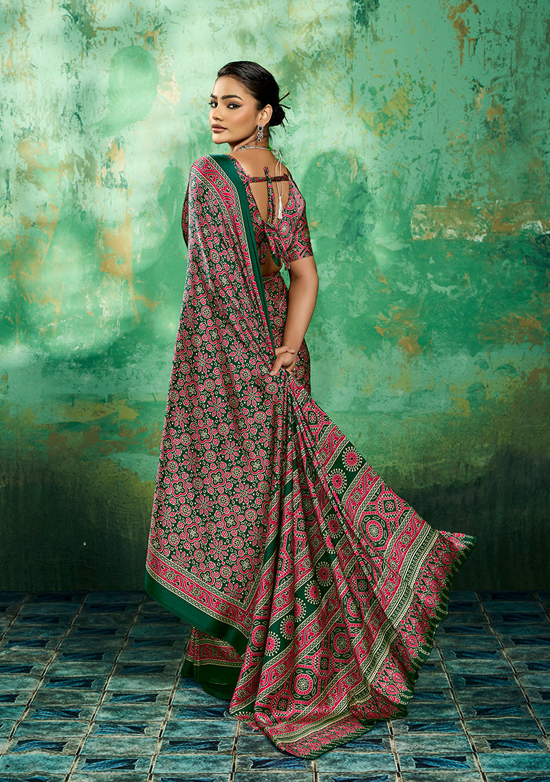 Green Ajrakh Faux Satin Printed Saree with Traditional Motifs