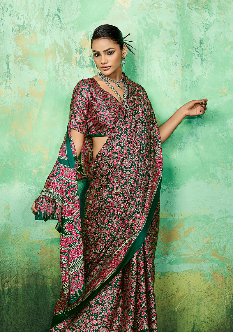 Green Ajrakh Faux Satin Printed Saree with Traditional Motifs