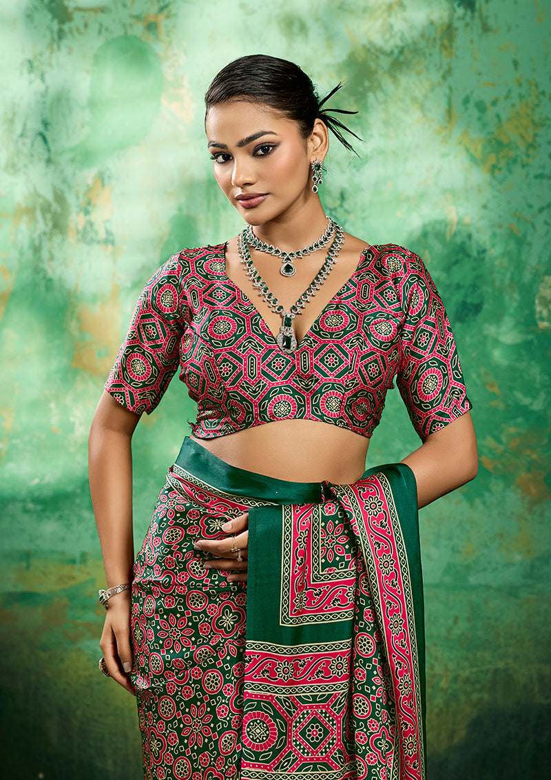 Green Ajrakh Faux Satin Printed Saree with Traditional Motifs