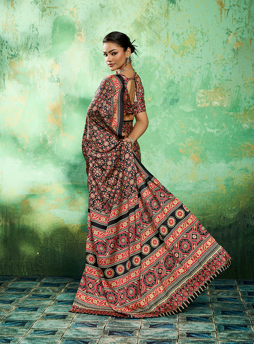 Ajrakh Black Faux Satin Printed Saree with Traditional Motifs