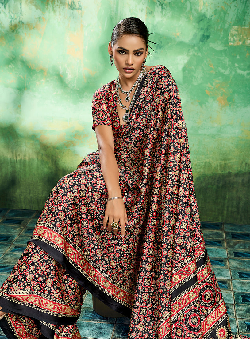 Ajrakh Black Faux Satin Printed Saree with Traditional Motifs