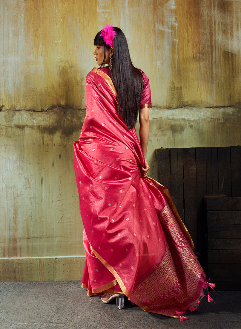 Pink Weaving Faux Tussar Silk Saree with Zari Woven Pallu