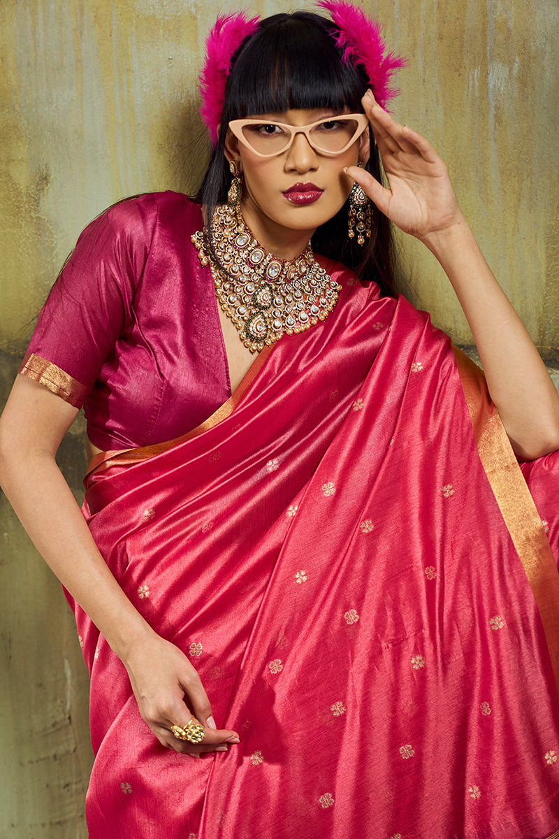 Pink Weaving Faux Tussar Silk Saree with Zari Woven Pallu
