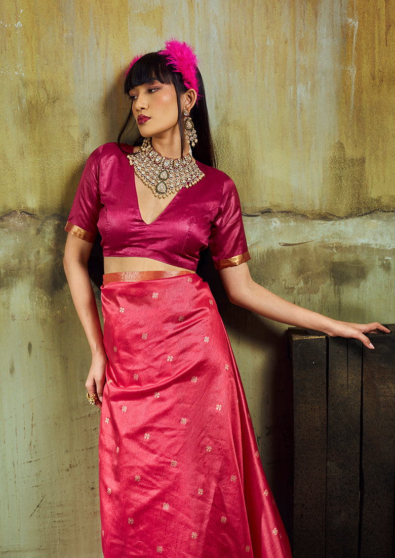 Pink Weaving Faux Tussar Silk Saree with Zari Woven Pallu