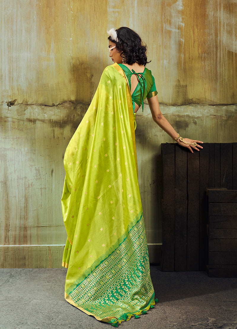Parrot Green Faux Tussar Silk Saree with Zari Woven Pallu