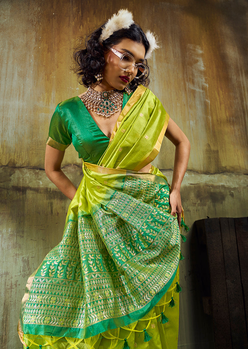 Parrot Green Faux Tussar Silk Saree with Zari Woven Pallu