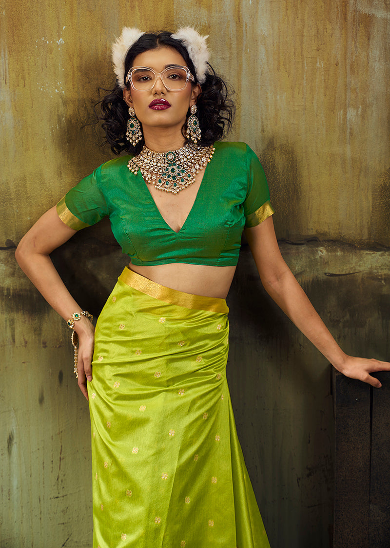 Parrot Green Faux Tussar Silk Saree with Zari Woven Pallu