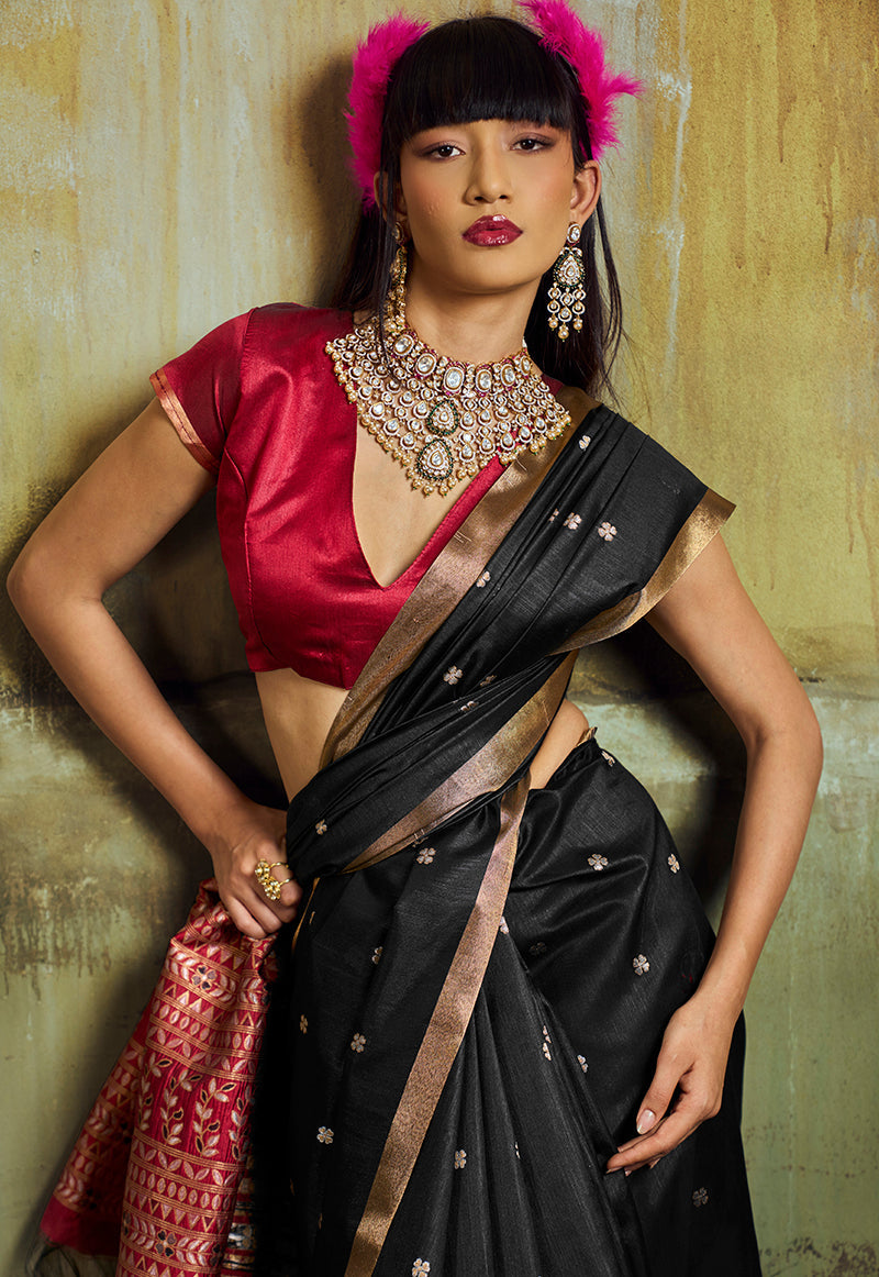 Black Weaving Silk Blend Saree with Rich Zari Woven Pallu
