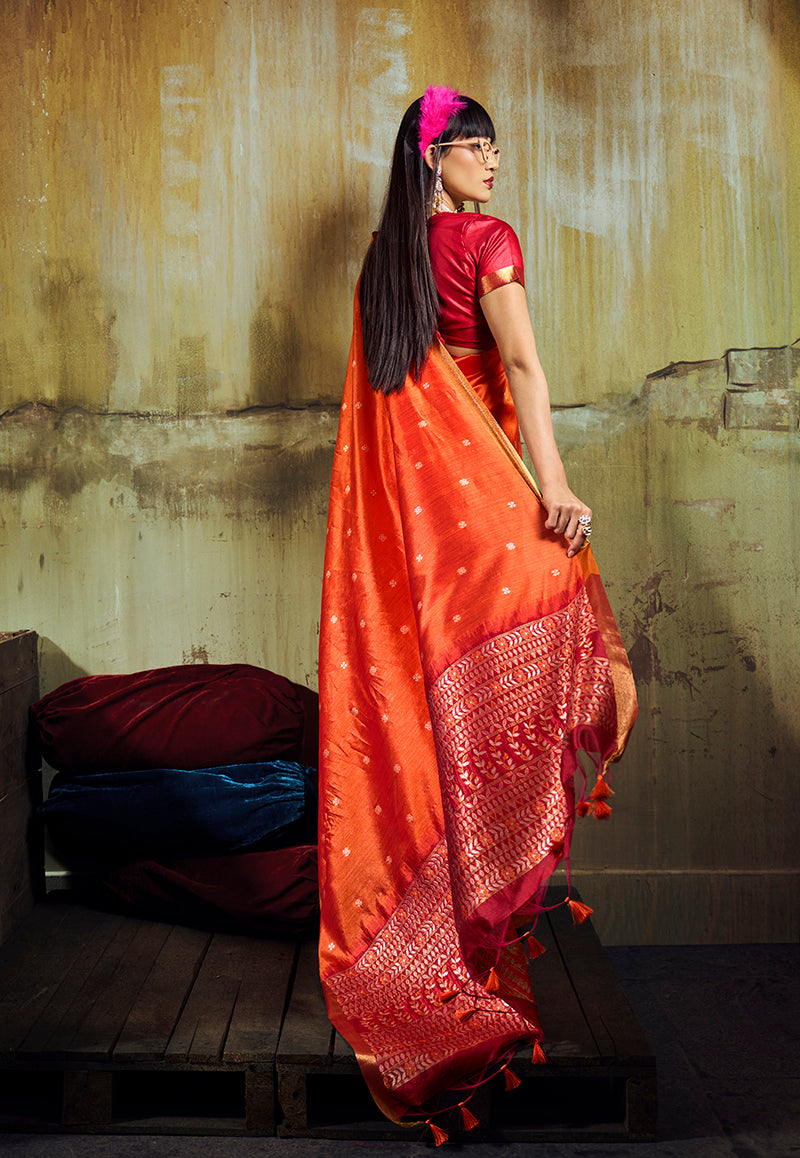 Orange Faux Tussar Silk Saree with Zari Woven Pallu & Silk Finish