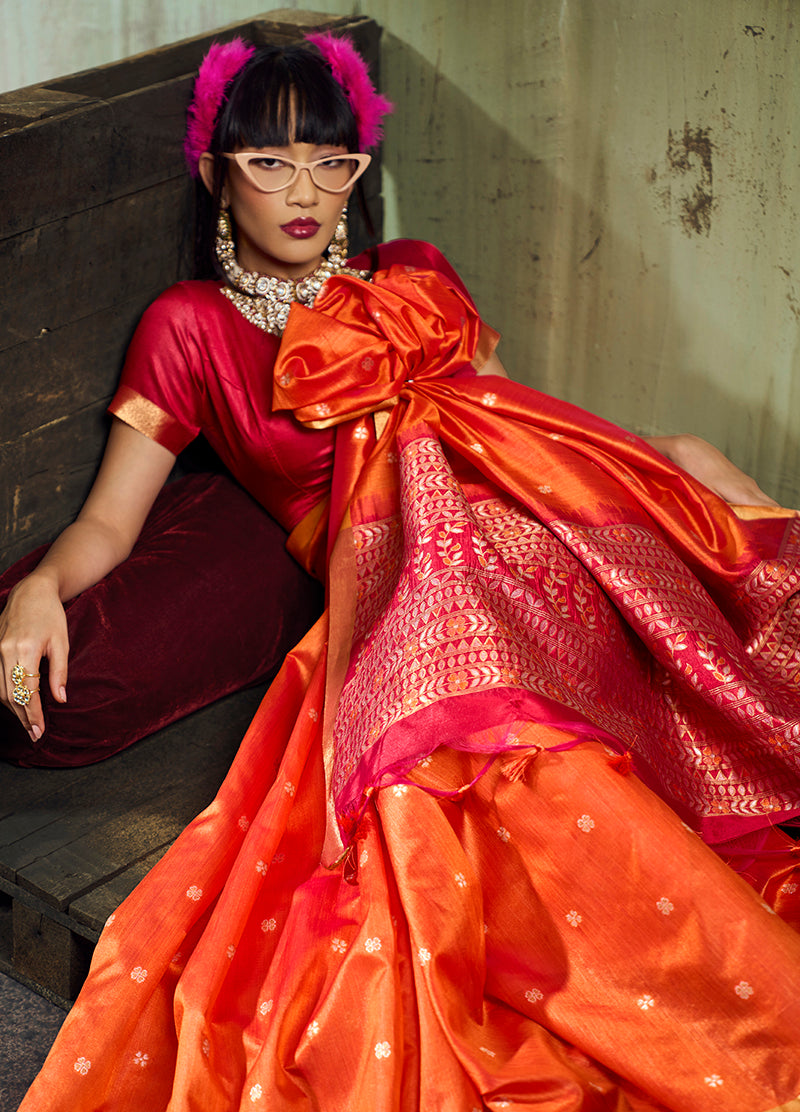 Orange Faux Tussar Silk Saree with Zari Woven Pallu & Silk Finish