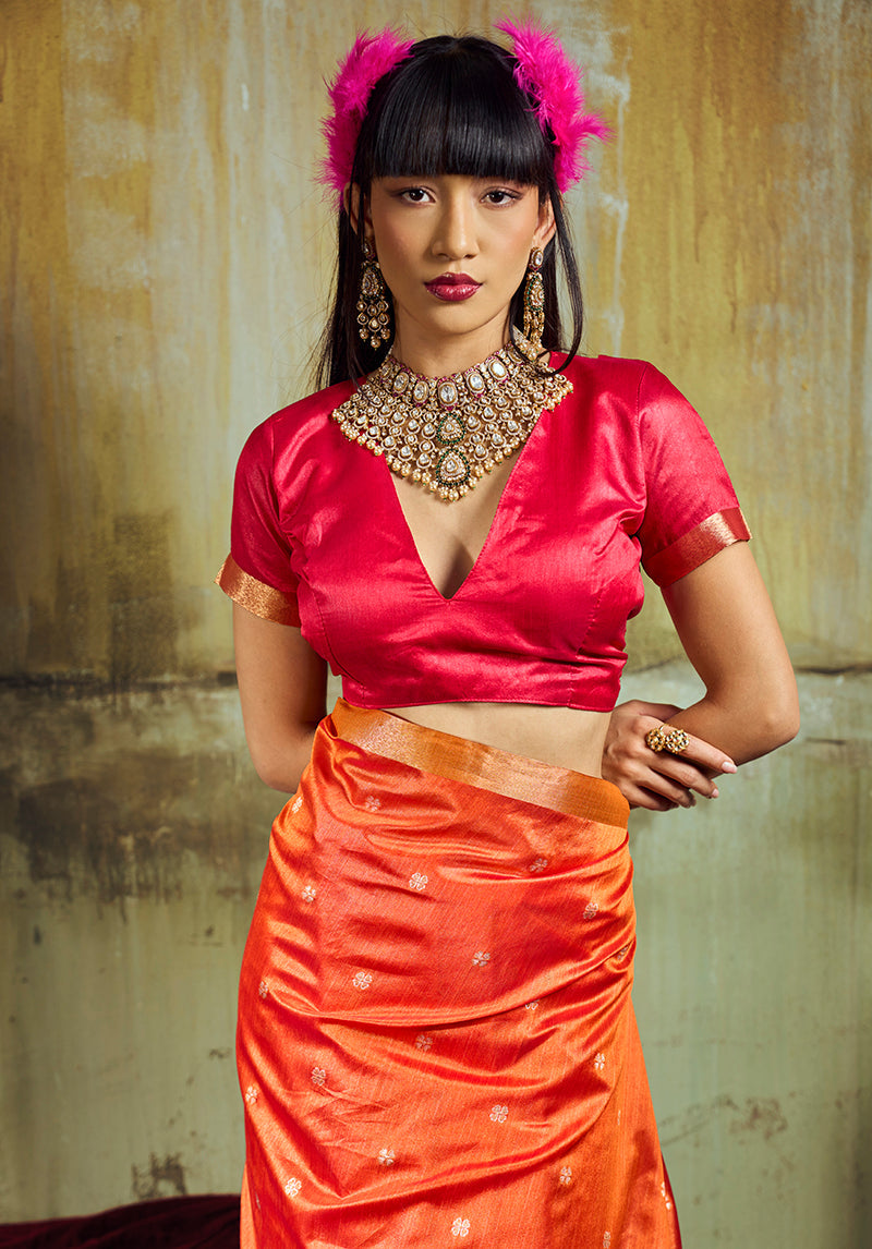 Orange Faux Tussar Silk Saree with Zari Woven Pallu & Silk Finish