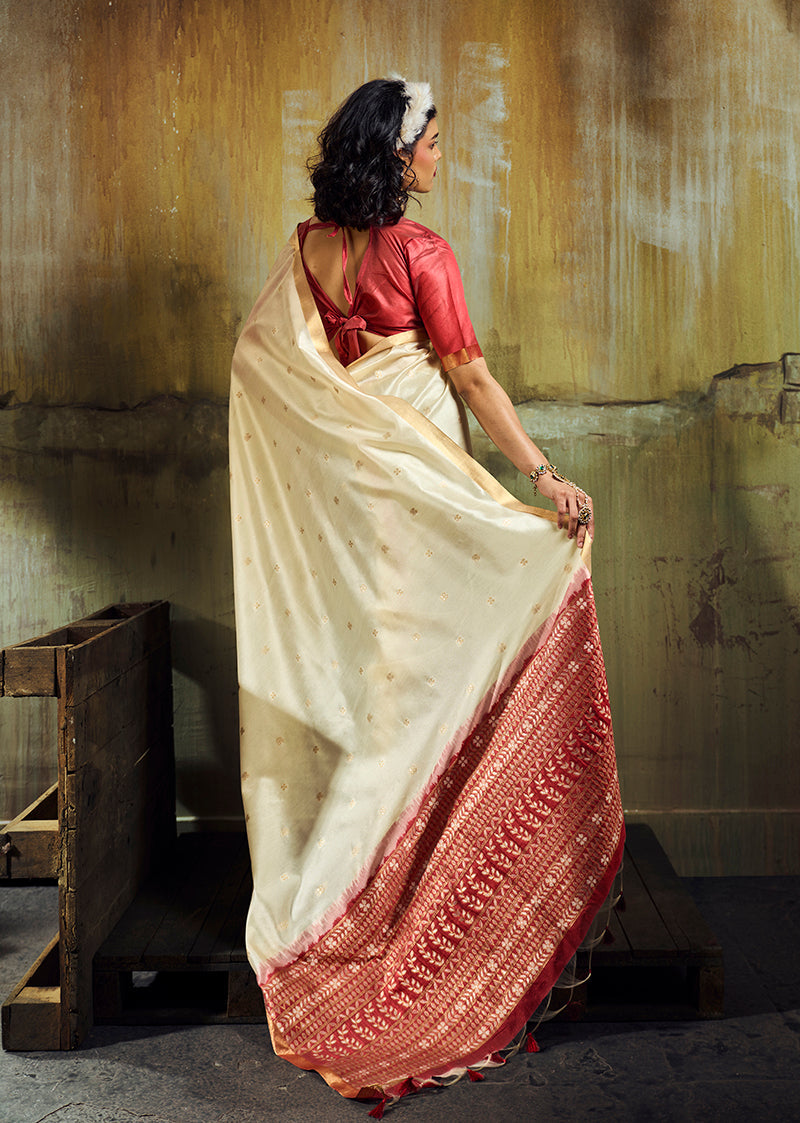 Cream Faux Tussar Silk Saree with Zari Woven Pallu & Golden Border