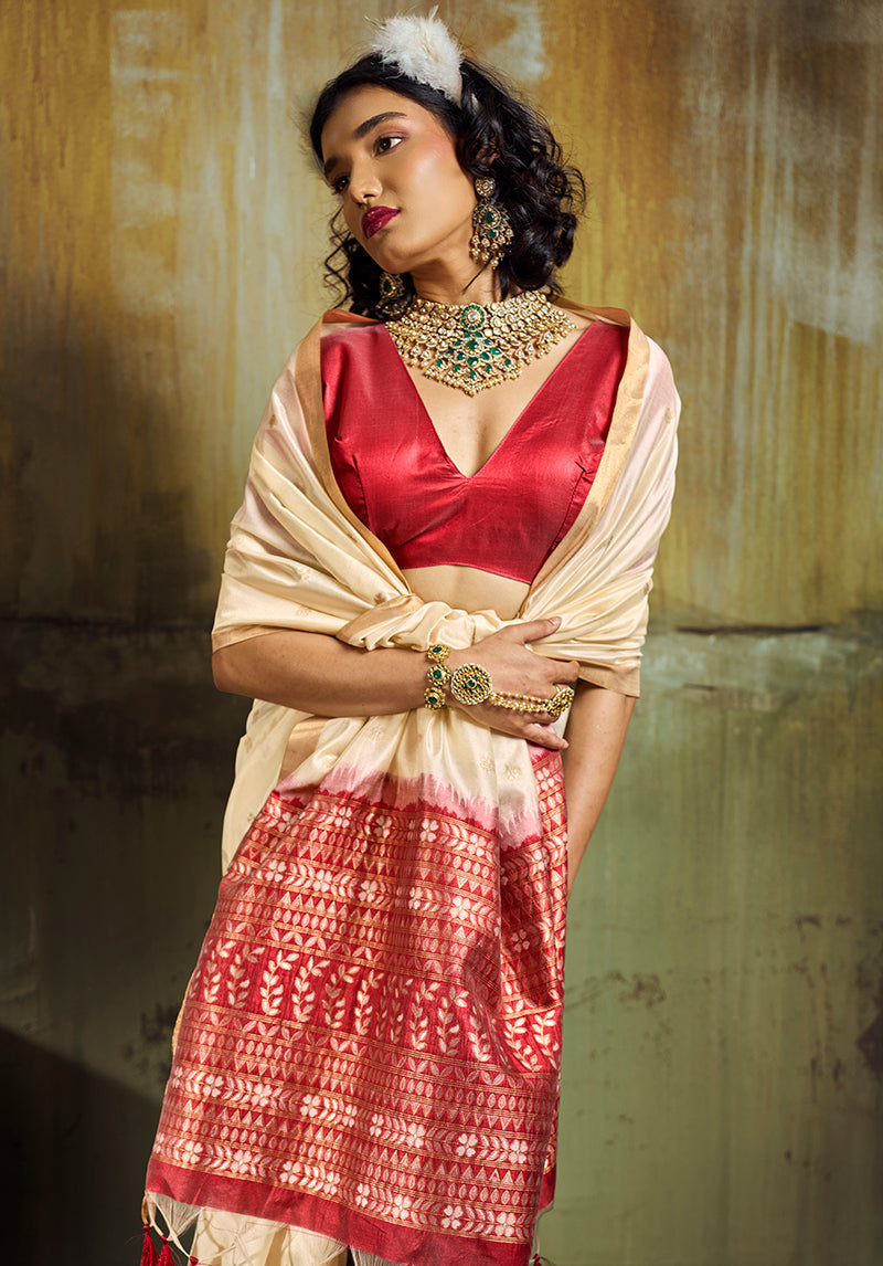 Cream Faux Tussar Silk Saree with Zari Woven Pallu & Golden Border