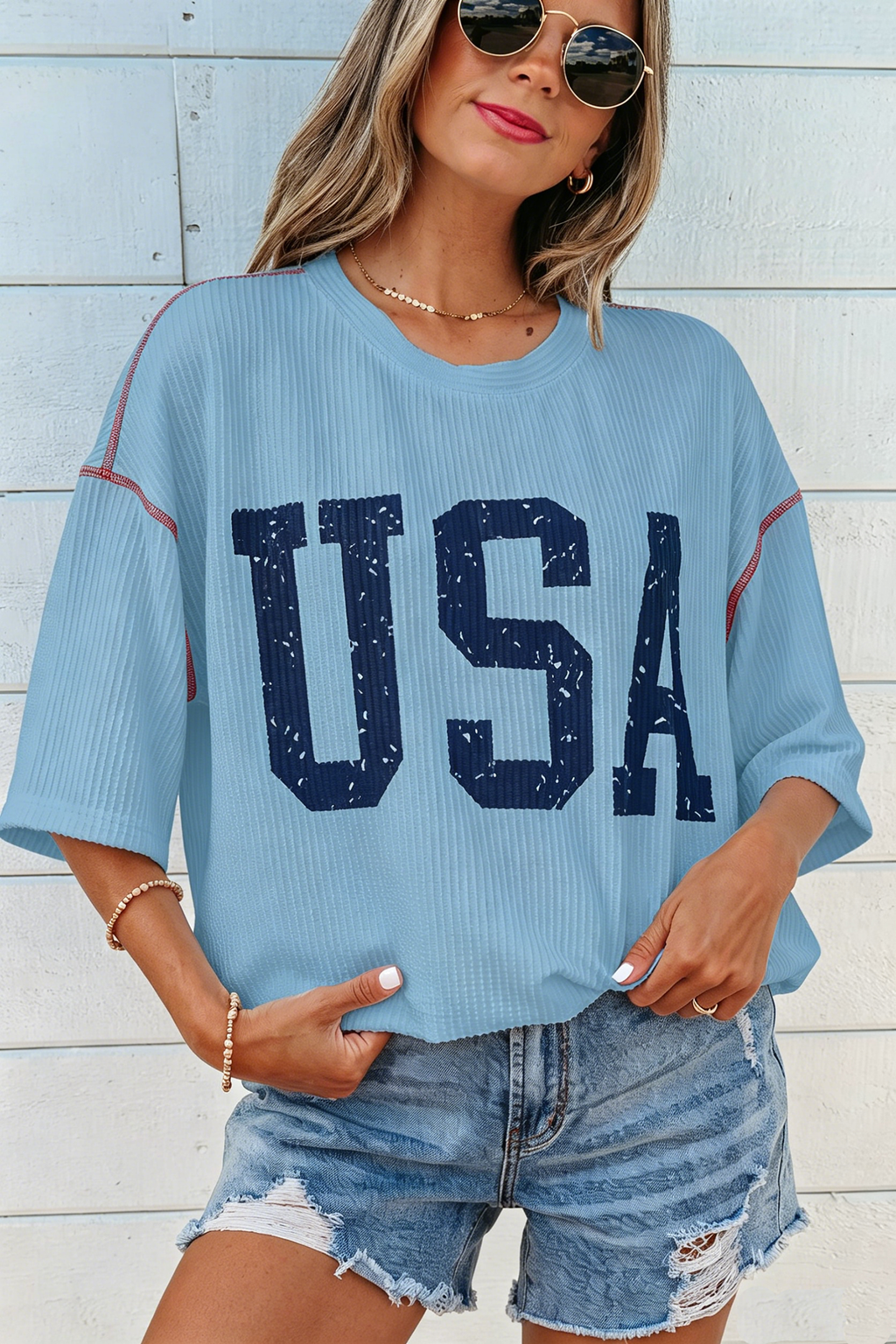 White USA Graphic Half Sleeve Loose Ribbed Top