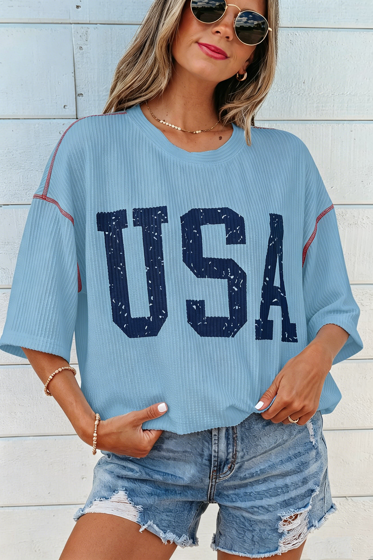 White USA Graphic Half Sleeve Loose Ribbed Top