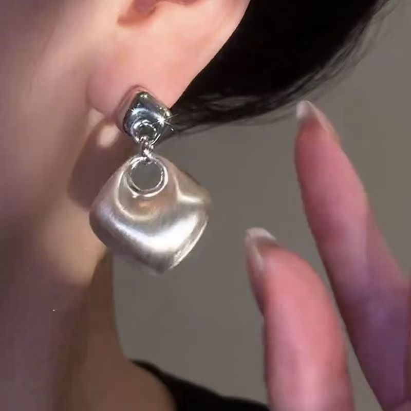 Modern Brushed Geometric Square Earrings in Minimalist Silver