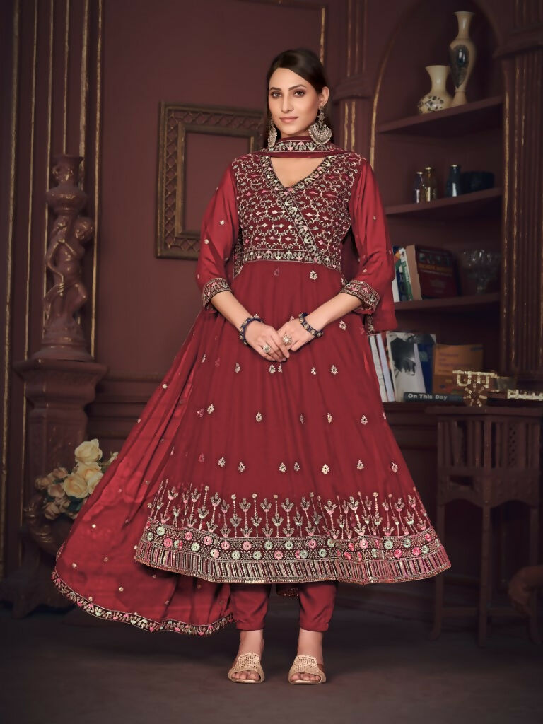 Maroon georgette embroidered Anarkali kurta set with dupatta