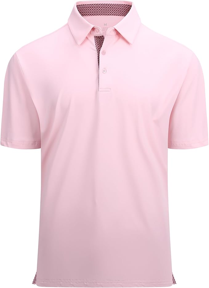 Close up of a men's performance golf polo with moisture-wicking fabric and inner collar trim detail.