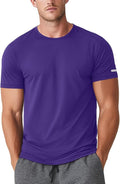 Close up of a man wearing a breathable moisture-wicking athletic gym t-shirt in a neutral athletic fit