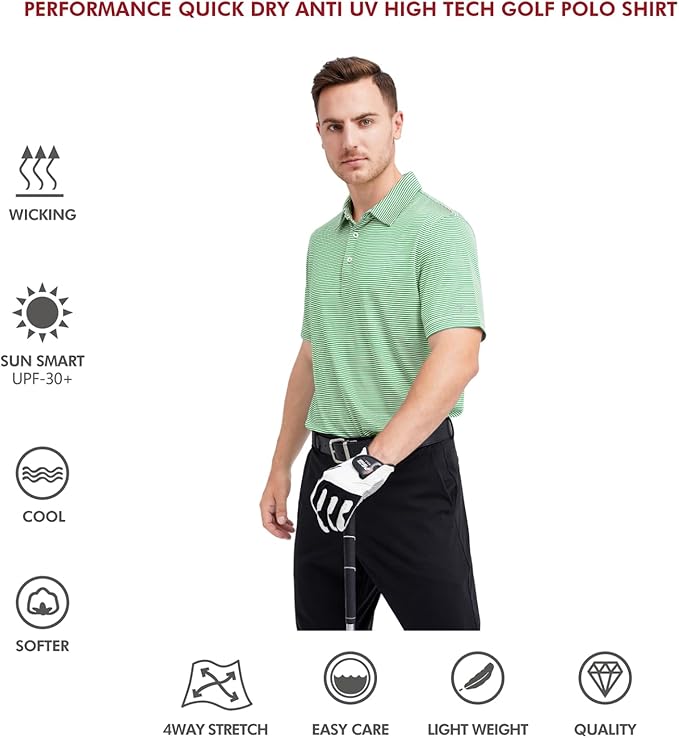 Men's Striped Performance Golf Polo Shirt Moisture Wicking Dry Fit