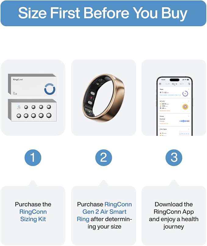 RingConn Gen 2 Air, Ultra-Thin AI Smart Ring, 10-Day Battery Life, Fitness/Sleep/Stress/HR Tracker for Women&Men, No App Fee for Standard Features, iOS & Android Compatible (Size 8, Dune Gold)