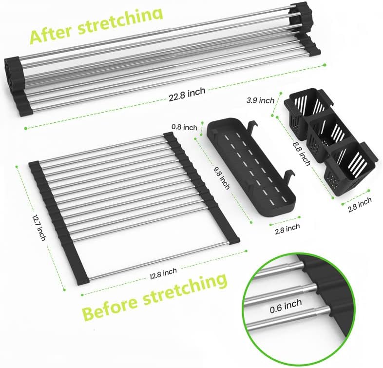 Black Expandable Roll Up Dish Drying Rack Up to 22.8''with 2 Storage Baskets
