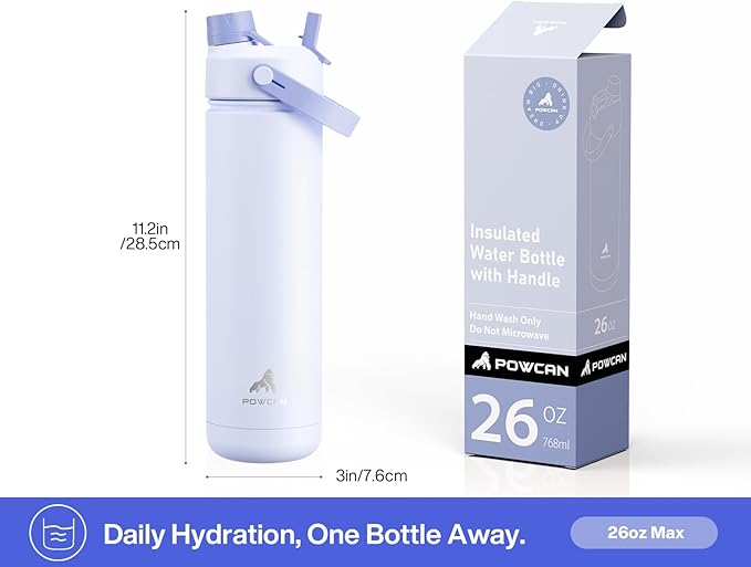 26 oz Insulated Water Bottle with 2-in-1 Straw and Spout Lid, Keep Cold 24H, Leak-Proof, Fits in Car Cup Holder, Stainless Steel Water Bottle for Sports, Travel, and School (Lupine)