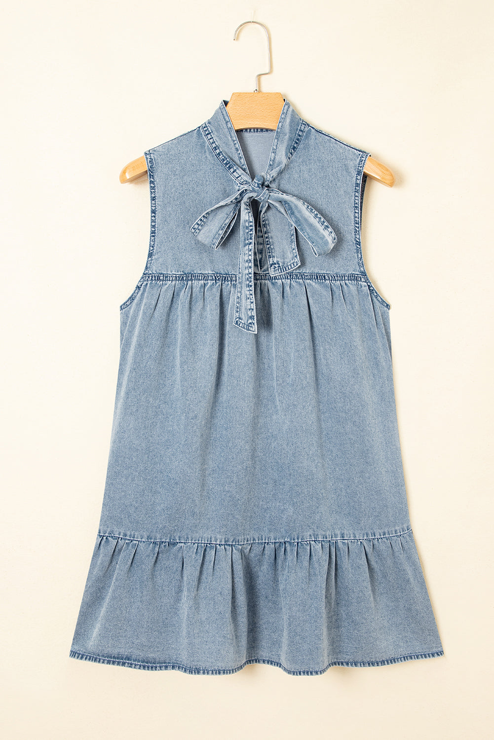 Real Teal Bowknot Chambray Mini Dress | Ruffled Sleeveless