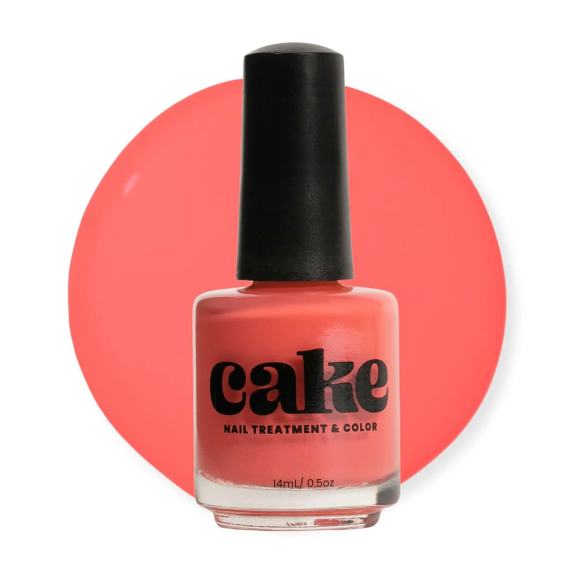 Bottle of CAKE Nail Strengthening Polish in Afterglow, a vibrant pinkish-red shade.