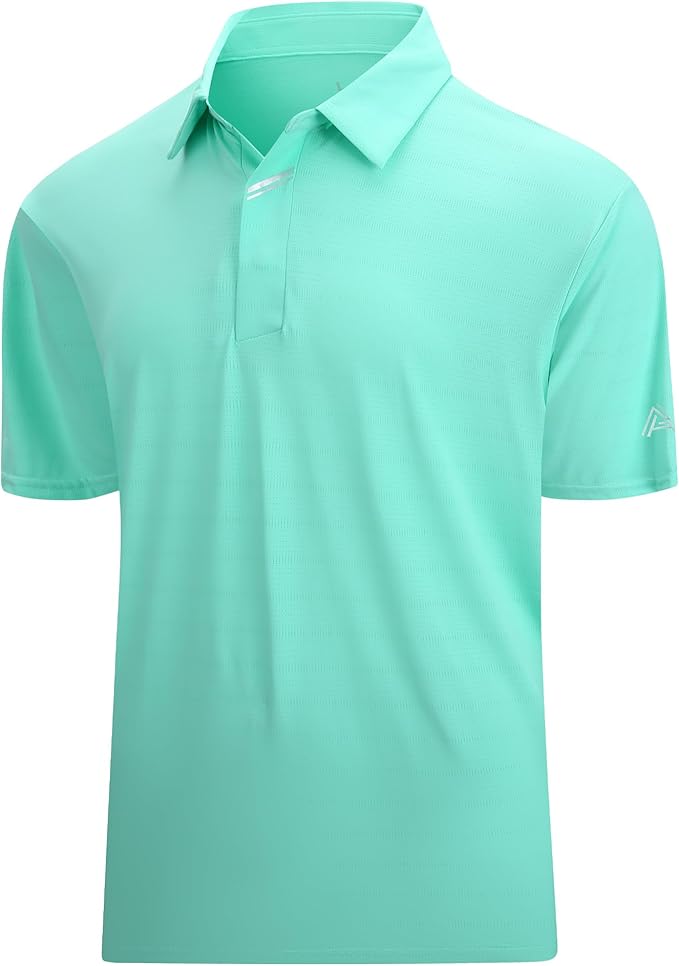 Close up of men's performance jacquard golf polo with hidden placket and moisture-wicking fabric.