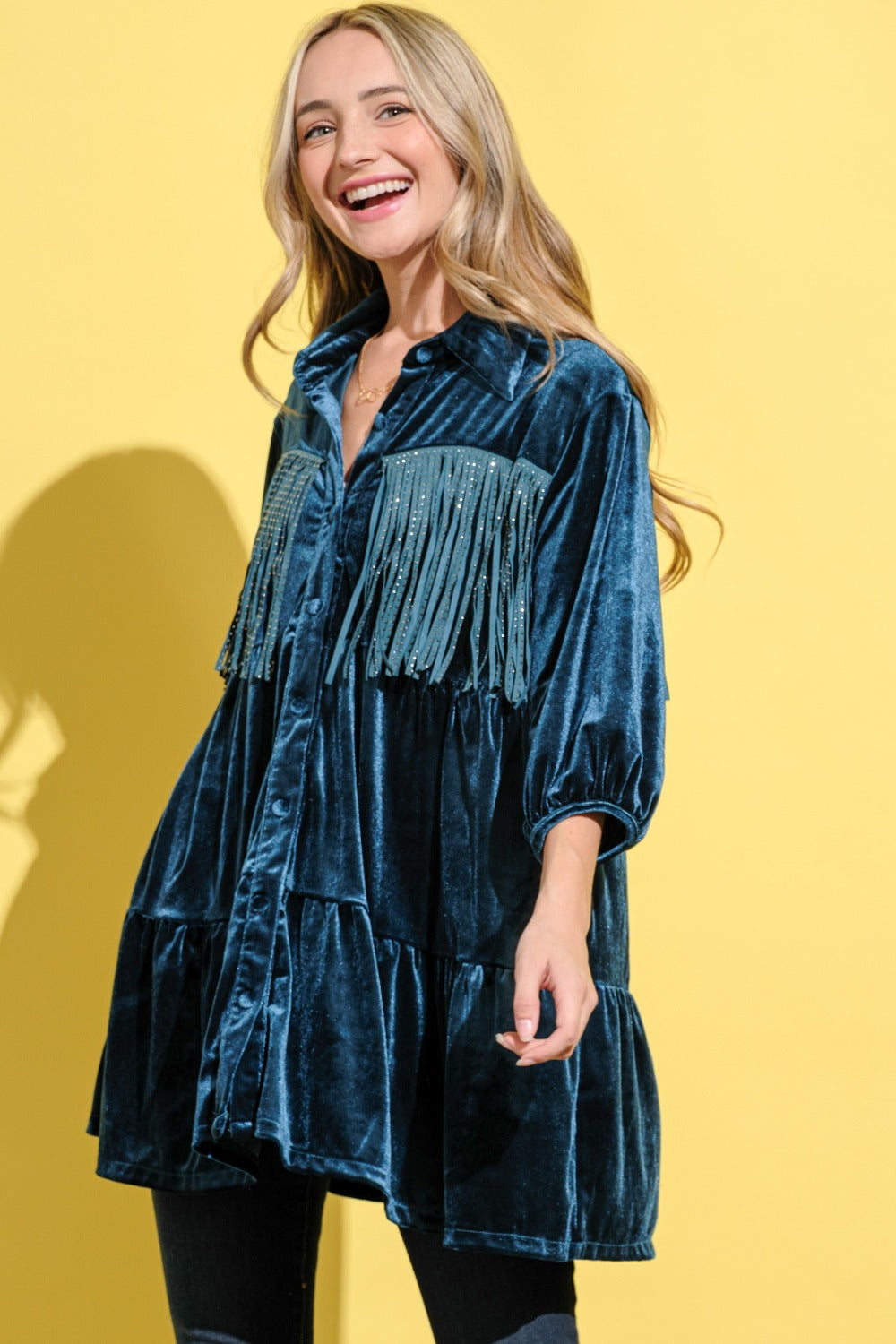 Teal Velvet Fringe Shirt Dress with Elegant Detail