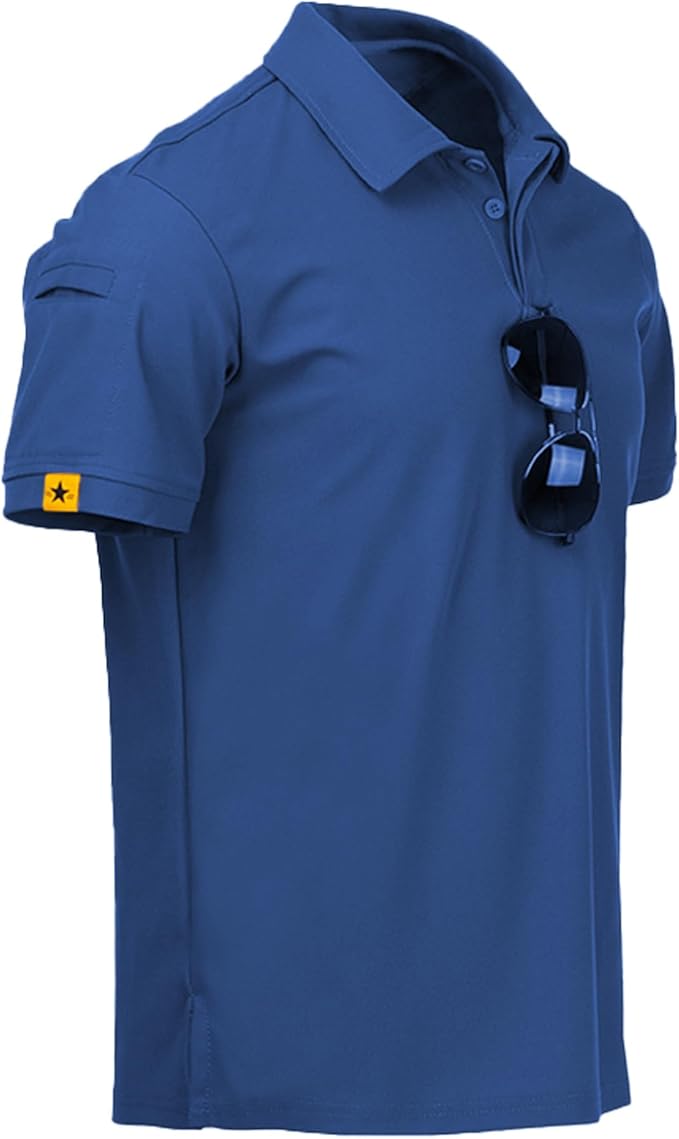 Men wearing a performance tactical golf polo shirt with ring buckle detail and moisture-wicking fabric.