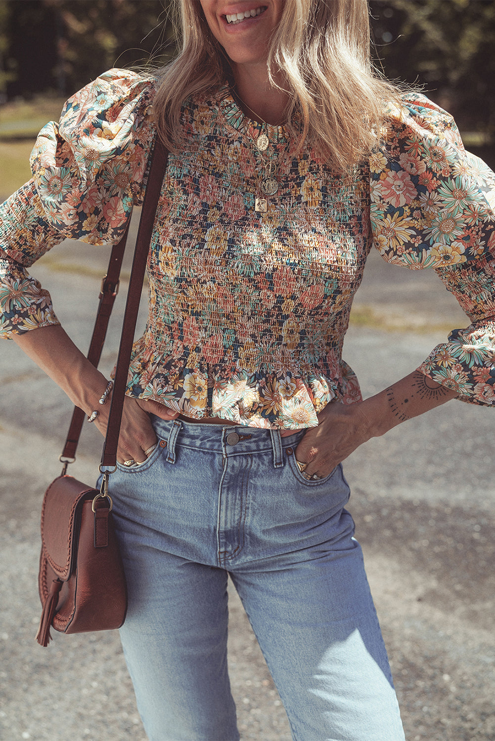 Yellow Floral Print Smocked Bubble Sleeve Crop Top