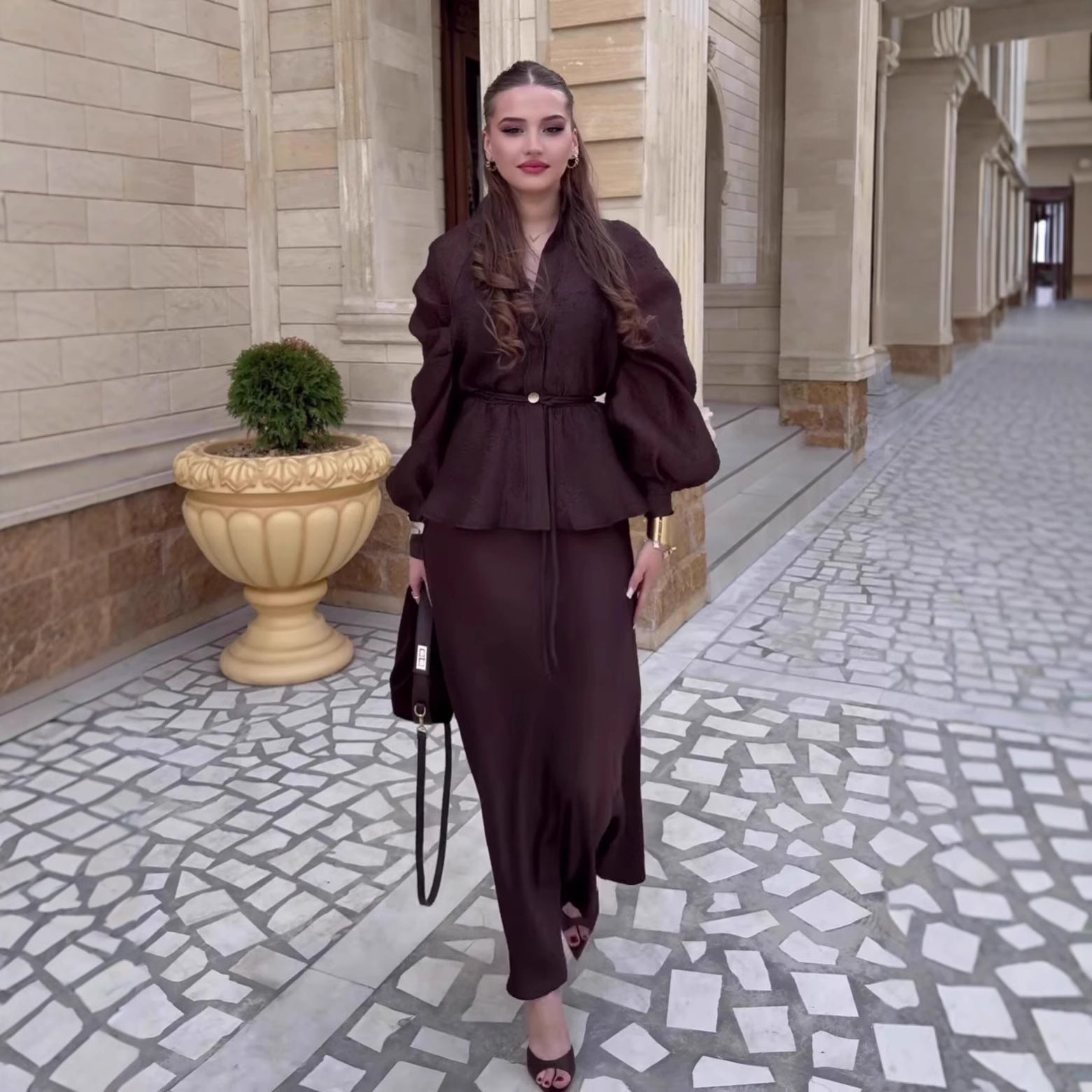 Women's V-Neck Puff Sleeve Belted Peplum Top & Maxi Skirt Set