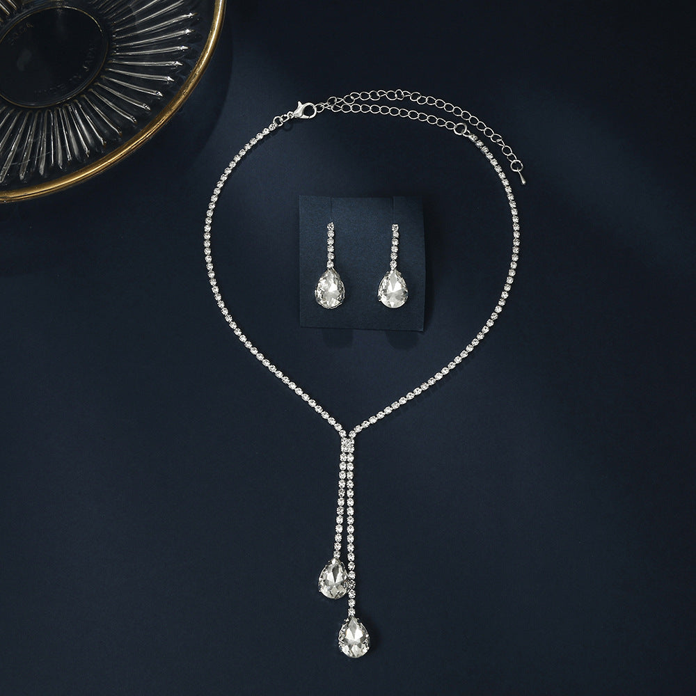 Cross-Border E-Commerce Hot-Selling European And American Fashionable And Elegant Water Drop Necklace And Earrings Two-Piece Set Rhinestone Jewelry Set