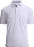 Close up of a men's performance golf polo with moisture-wicking fabric and inner collar trim detail.