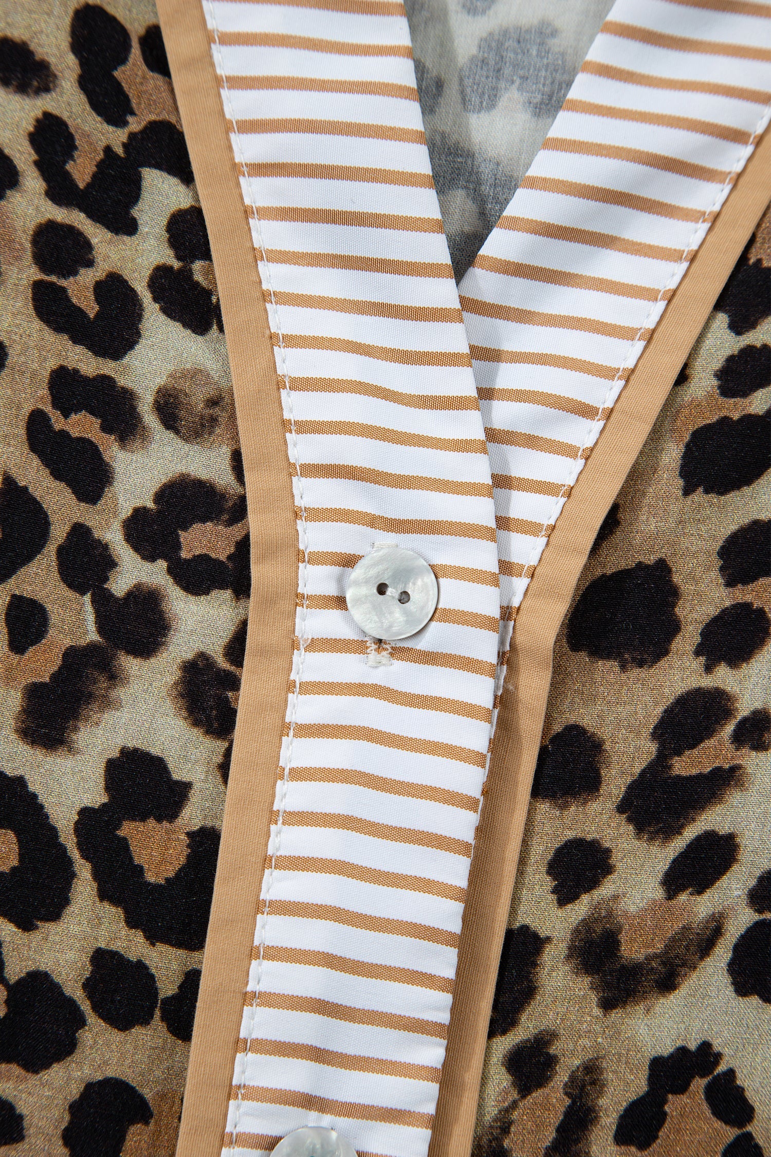 Khaki Leopard Print V-Neck Shirt with Contrast Striped Trim