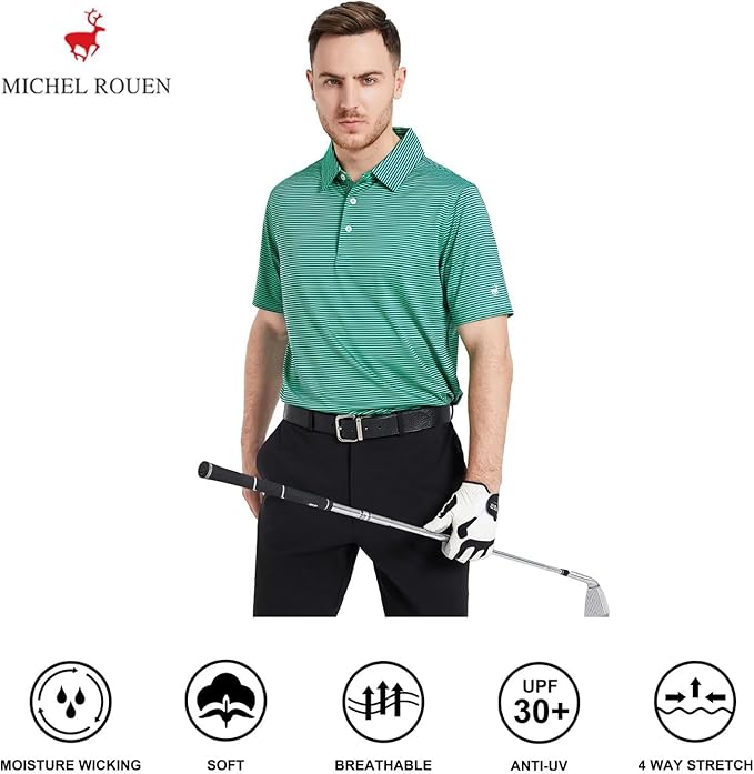 Mens Striped Performance Golf Polo Shirt - Moisture Wicking Dry Fit