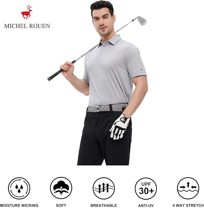 Mens Striped Performance Golf Polo Shirt - Moisture Wicking Dry Fit