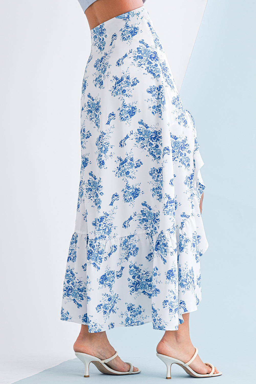 Black Boho Floral High Waist Ruffle Split Maxi Skirt