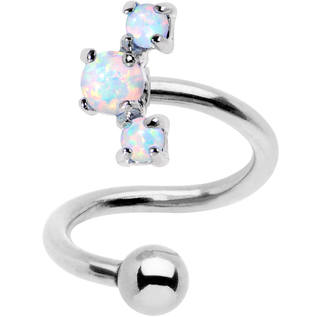 White synthetic opal cluster accent on a silver-toned spiral twister belly ring