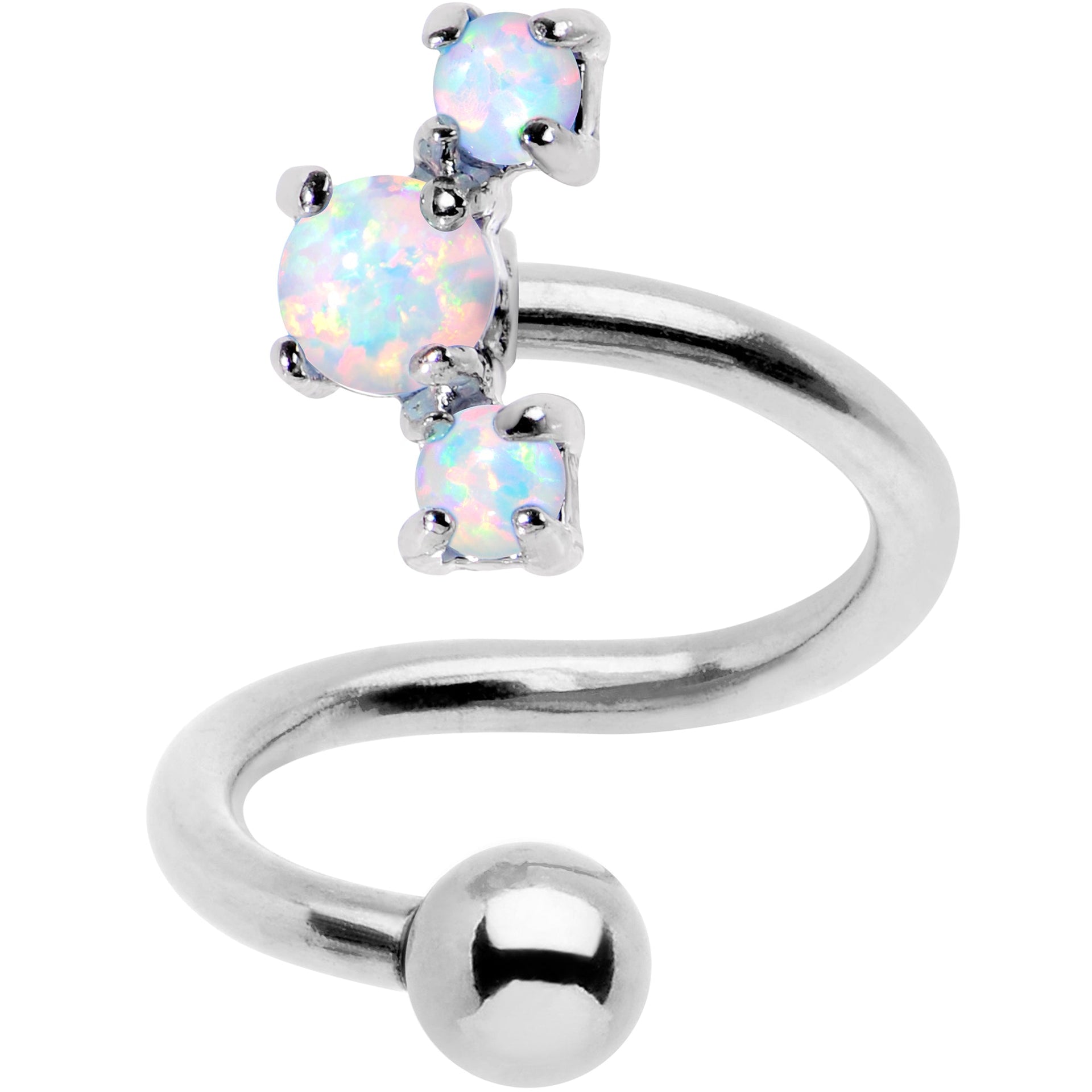 White synthetic opal cluster accent on a silver-toned spiral twister belly ring