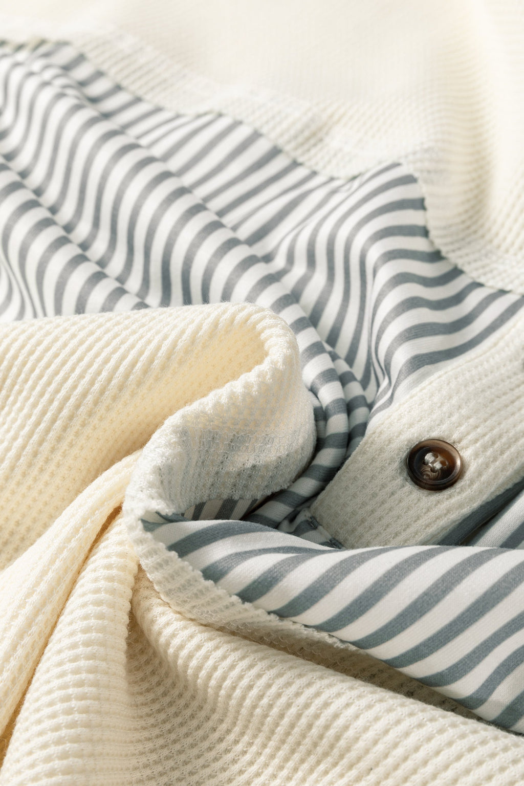 White Waffle Printed Patchwork Drawstring Hooded Long Sleeve Top