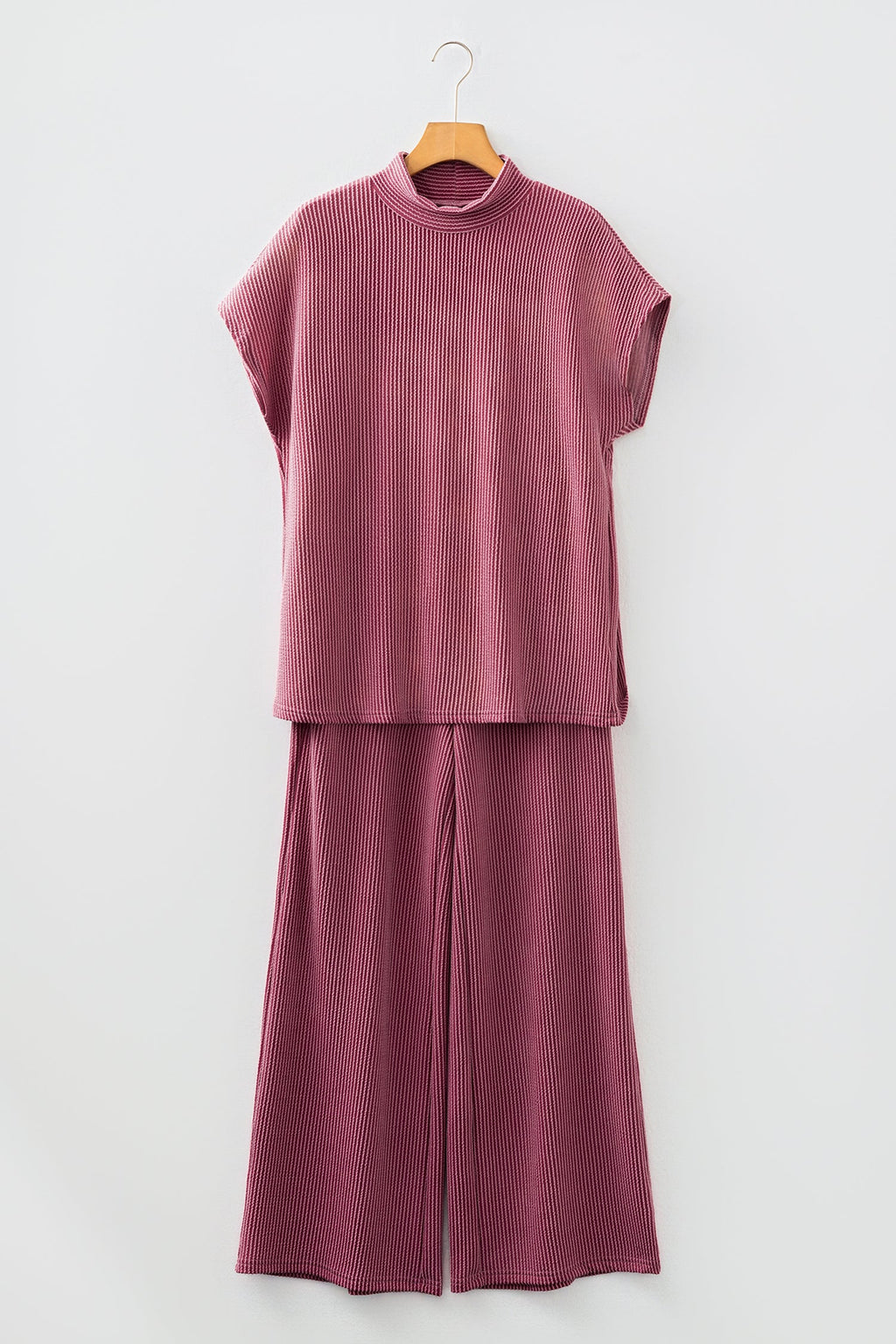 Dark Grey Twisted Ribbed High Neck Tee & Wide Leg Pant Set