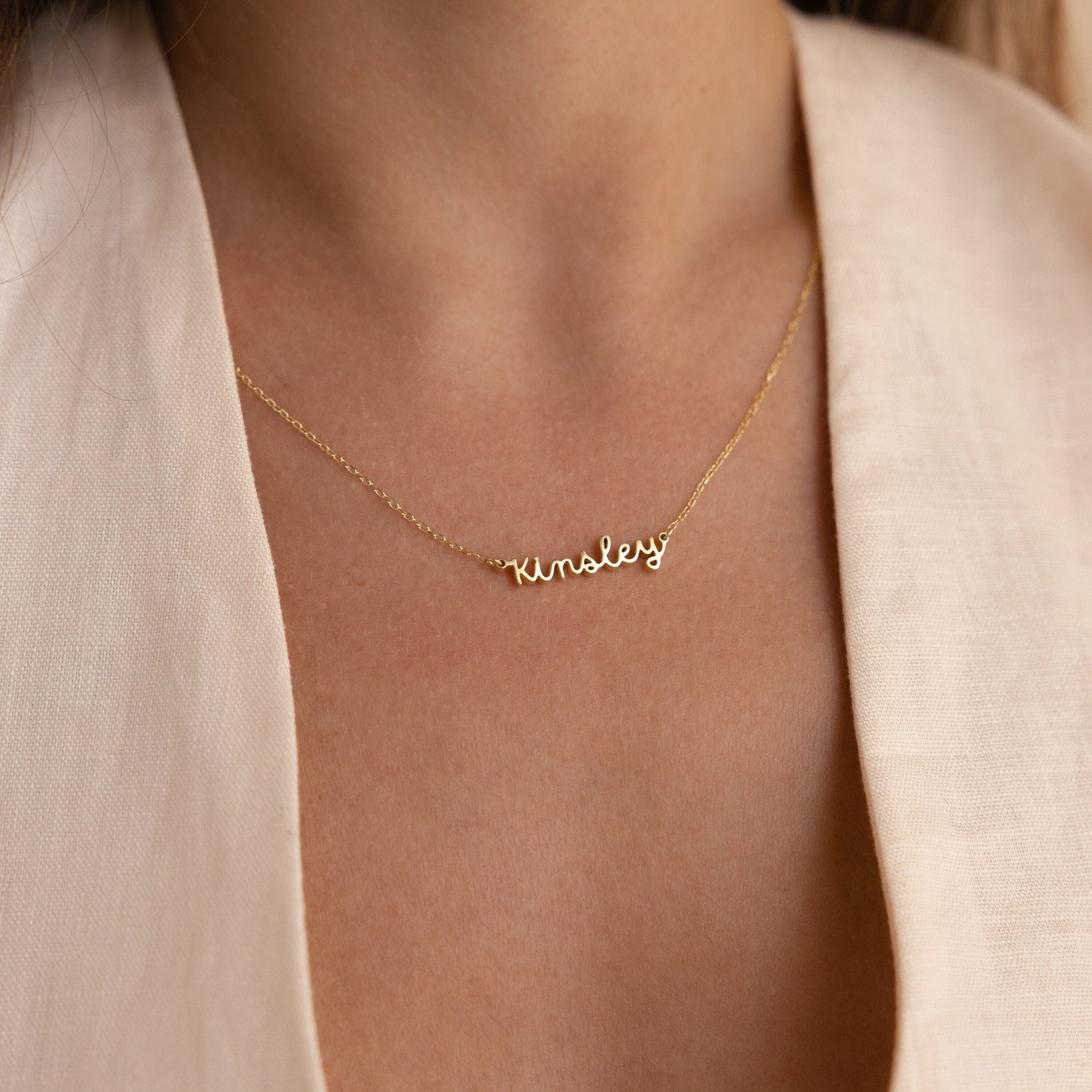 Custom Minimal Script Name Necklace in Gold