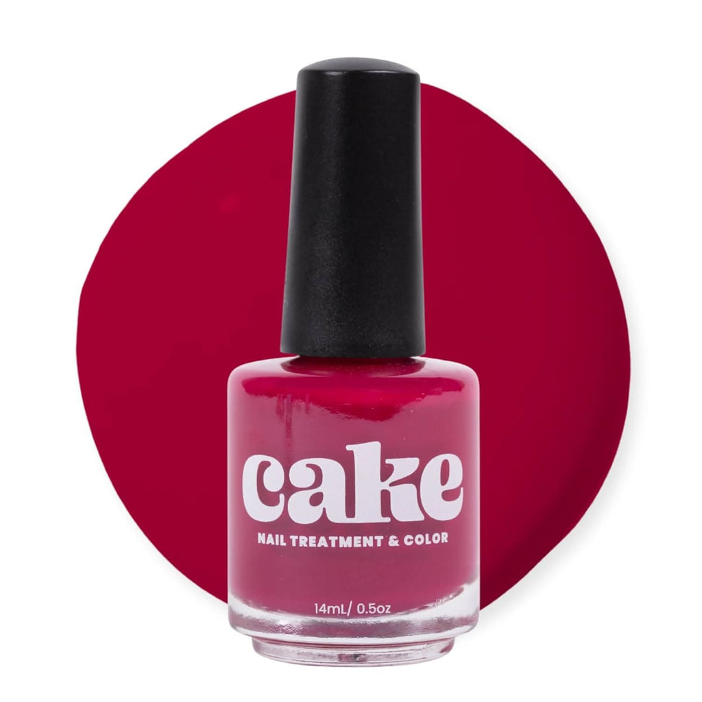 Bottle of CAKE Under the Affluence deep burgundy nail polish